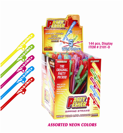 HP2101 Hott Products Assorted Neon Colors Party Pecker Sipping Straws Box of 144